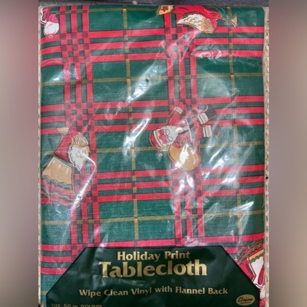 Vintage Vinyl Flannel Back Tablecloth 60 Round Christmas Santa